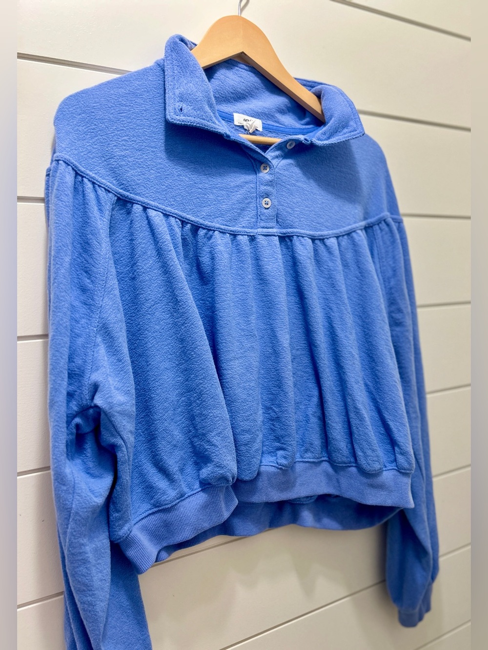 Aerie Soft Life Gathered Babydoll Henley Sweatshirt • Cornflower Blue • M